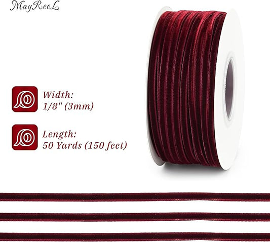 MAYREEL 1/8 Inch Burgundy Velvet Ribbon Thin Maroon Vintage Ribbon for Wedding Invitations Crafts Gift Wrapping Party Favor Boxes 50 Yards