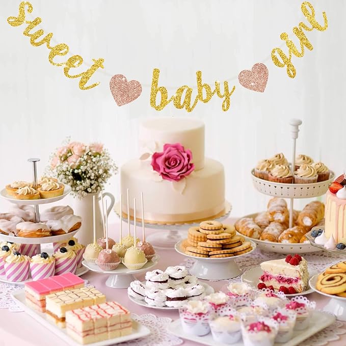 BEISHIDA Gold Glitter Girl Baby Banner,NO DIY, Pre-Strung Baby Gender Party Banner For Girls, Girl Shower Decorations,First Birthday Sweet party supplies
