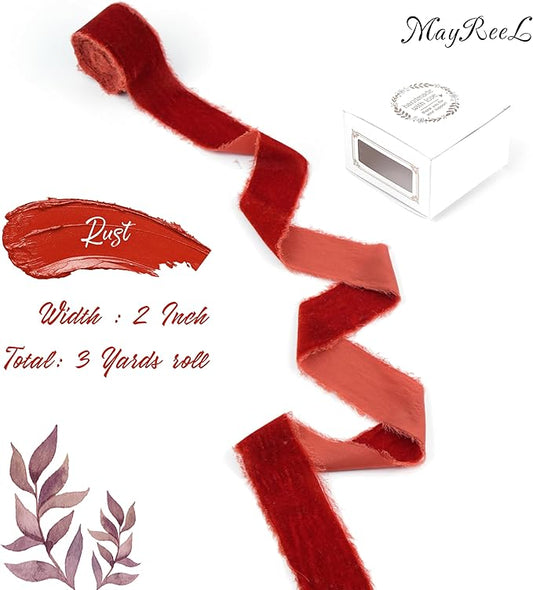 MAYREEL 2 Inch Rust Velvet Ribbon Hand Torn Autumn Silk Frayed Edge for Thanksgiving Bridal Bouquets Invitations Wedding Vow Books Gift Baskets 3 Yards