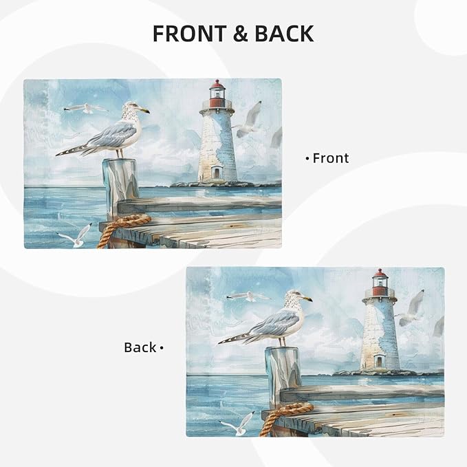 Lighthouse Seagull Placemats Set of 4 Washable Table Mats Ocean Nautical Coastal Heat-Resistant Cotton Linen Place Mats for Dining Table Kitchen Indoor Outdoor Party Holiday Decor