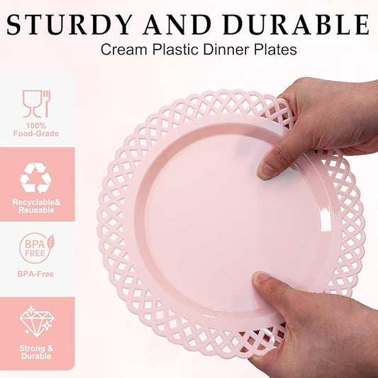 COLOSUS 60Pcs Pink Plastic Plates, Plastic Disposable Plates, Fancy Pink Scallop plates, Heavy Duty Lace Plate Set include 30 Dinner Plate 10” and 30 Salad/Dessert Plate 7.5”for Christmas
