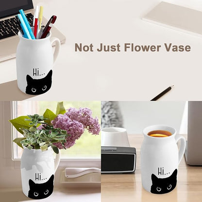 Cute Cat Themed Gifts, Small Ceramic Flower Vase Funny Coffee Mug for Cat Lover Owner Women Friend, Home Living Room Farmhouse Office Desk Table Shelf Decor (No Plants)