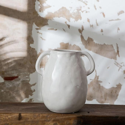 White Ceramic Vase with 2 Handles for Modern Farmhouse Home Decor, Vintage Rustic Decorative Vases, Small Vase for Fresh and Dried Flowers, Centerpiece Table Decorations, 7 Inch