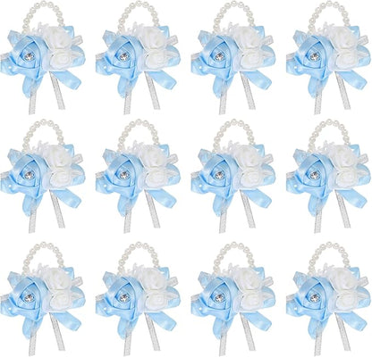 MECCANIXITY 12Pcs Wrist Corsage Artificial Flower Bracelets Rose Wrist Bride Groom Decorative for Wedding Ceremony Prom Party Anniversary Sky Blue