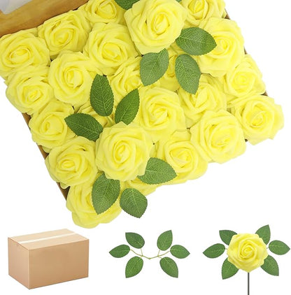 200PCS Yellow Artificial Flowers Roses Real Looking Foam Fake Roses with Leaves for DIY Wedding Bouquets Bridal Shower Party Decorations (Yellow, 200)