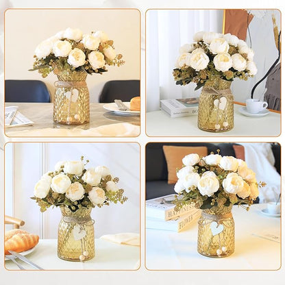 Fake Flowers in Vase,Fake Flowers with Vase 21 Pcs Faux Peony Flowers,Artificial Flowers for Home Decor, Indoor Centerpiece for Living Room & Dining Table (White)