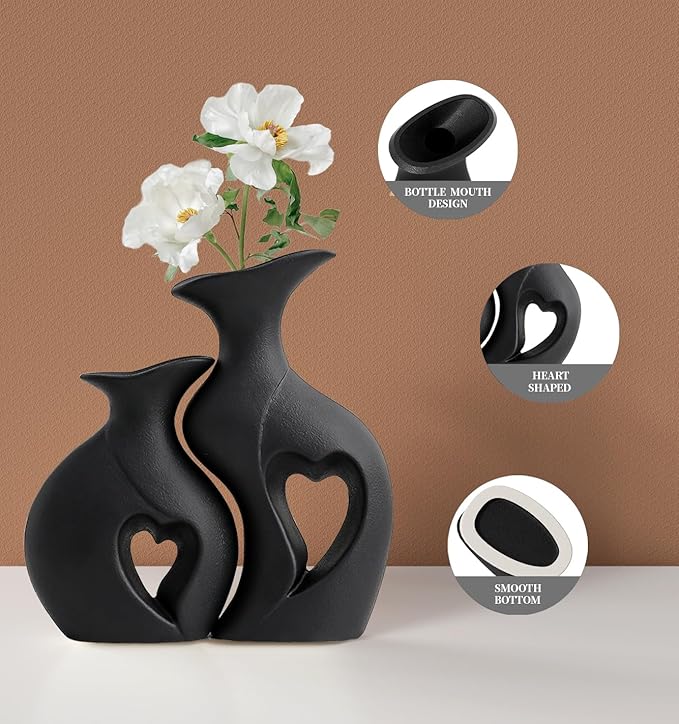 Black Ceramic Vase Set of 2,Filled with Love,Modern Minimalist Bohemian Vases Home Decor，Heart Shape Matte Ceramic Vases for Dinner Table Bookshelf Modern Home Console