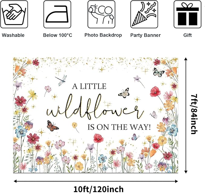 Avezano Wildflower Baby Shower Decorations A Little Wildflower is On The Way Baby Shower Backdrop Floral Theme Baby Girls' New Born Photoshoot Background Banner (10x7ft(120x84in))