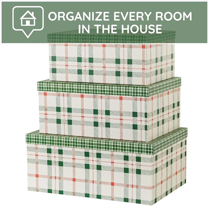 Soul & Lane Plaid Christmas Gift Box - Set of 3: Holiday Decor Storage Box, Decorative Photo Storage, Keepsake Boxes with Lids, Nesting Cardboard Containers for Presents, Seasonal Décor Bins