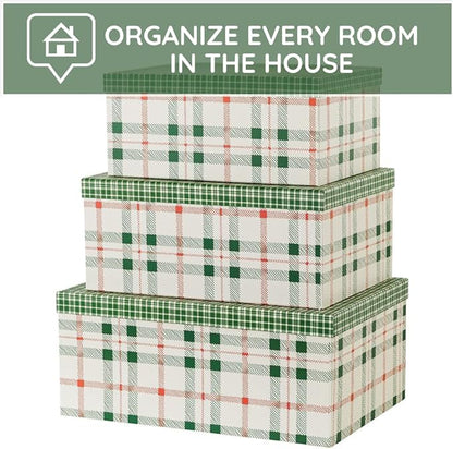 Soul & Lane Plaid Christmas Gift Box - Set of 3: Holiday Decor Storage Box, Decorative Photo Storage, Keepsake Boxes with Lids, Nesting Cardboard Containers for Presents, Seasonal Décor Bins