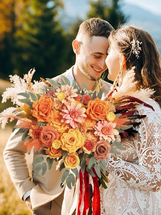 Artificial Flowers Combo Box Orange Fake Roses Silk Flowers with Stems Dahlia for DIY Cake Wedding Bridal Bouquets,Floral Arrangement,Table Centerpieces,Baby Shower,Home Party Decorations