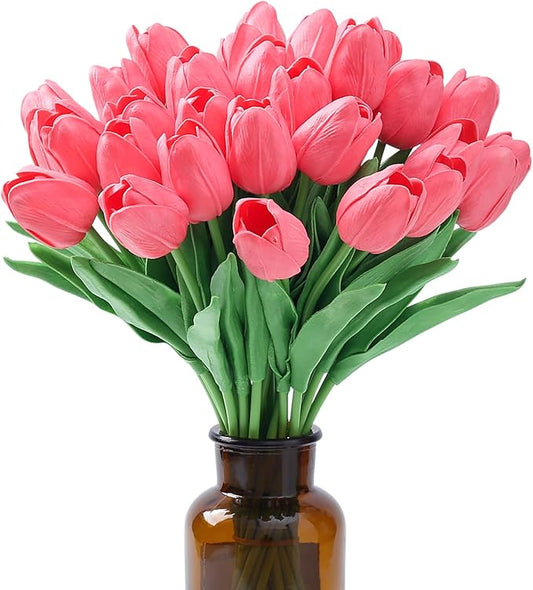 SITUMEIZI 15pcs Tulips Fake Pink Artificial Flowers Real Touch 14" Silk Flower for Home Decor Spring Easter Wedding Bouquet Decorations Valentine's Day Gifts(Fluorescent Pink)