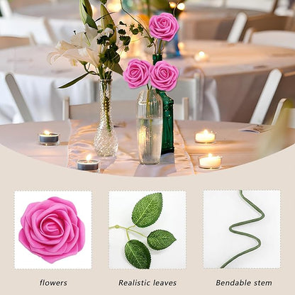 100Pcs Artificial Flowers Hot Pink Roses Real Looking Foam Fake Roses with Leaves and for DIY Wedding Bouquets Bridal Shower Centerpieces Party Decorations (Hot Pink, 100)