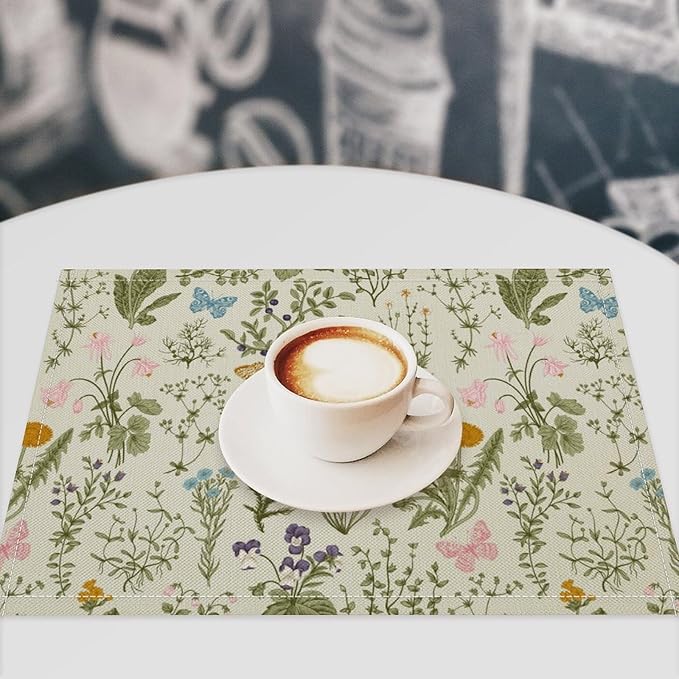 Botanical Placemats Set of 4, 17x12 Inch Butterfly Green Leaf Colorful Wildflower Vintage Rustic Style Table Mats for Home Party Kitchen Dining Decor