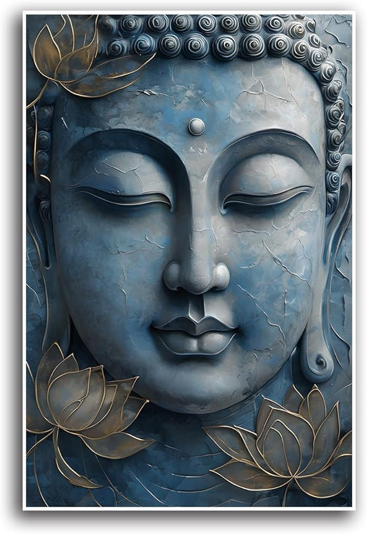 Canvas wall art Golden lotus crown Serene Buddha poster Ethereal blue toned art with delicate floral decor Zen wall art for a tranquil meditation space 24x36in Frameless