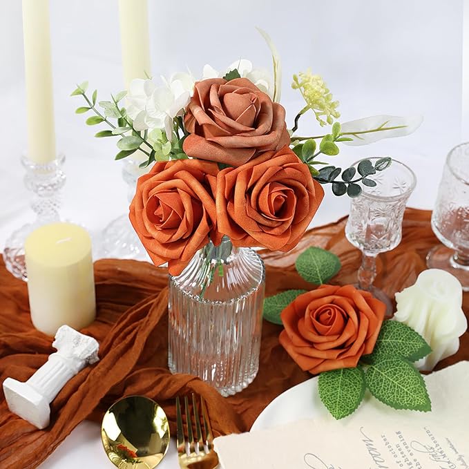 Meldel Artificial Flower 25pcs Real Looking Orange Fake Foam Roses with Stems for DIY Wedding Bouquets Gifts Bridal Shower Crafts Faux Floral Centerpieces Arrangements Home Party Tables Decorations