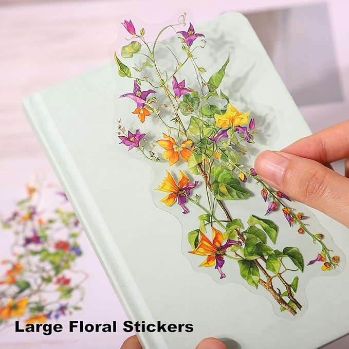 Floral Vine PET Stickers – 60PCS Vintage Botanical Design, Waterproof & Pre-Cut, Large Size for Journals, Junk Journals, Scrapbooking, and Craft