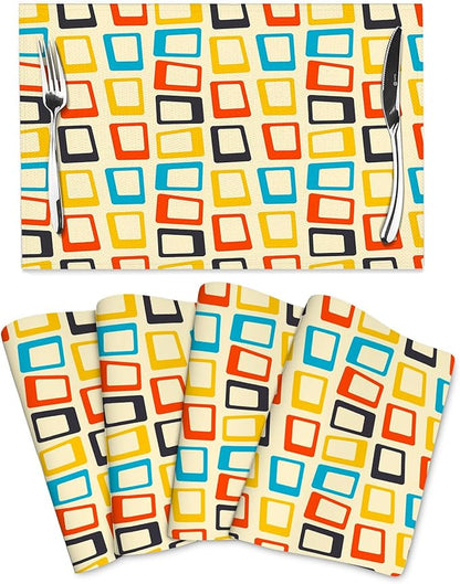 Retro Placemats Set of 4, Mid Century Modern Dining Table Place Mats, Washable Heat Resistant Table Mats for Kitchen Dinner Holiday Party Home Decor 12x18 Inch