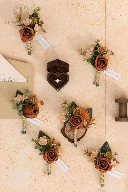 TINGE TIME Boutonniere for Men, Groom and Best Man Boutonniere for Wedding Ceremony Anniversary, Formal Dinner Party and Rustic Fall Wedding Marriage (Terracotta)