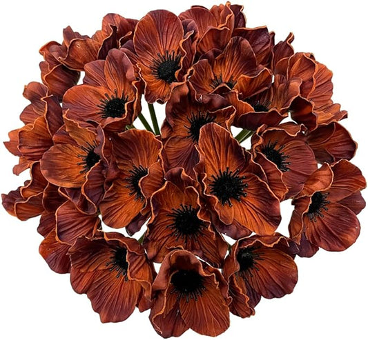 14Pcs Real Touch Anemone Poppy Bouquet for Artificial Flower Decor Kitchen Table Centerpiece Vase Home Greenery Wedding Holding Flowers Backdrop Arch Wall (Brown)