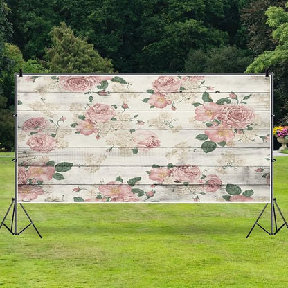 AOFOTO 20x10ft Vintage Wood Plank Rose Flower Photography Background Retro Wooden Board Pink Floral Wedding Backdrop Mother's Day Lady Girl Kid Woman Portrait Valentine's Day Photo Studio Props Vinyl