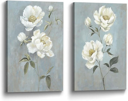 Color Play Flower Canvas Abstract Wall Art: 2 Pieces White Floral Prints Artwork Vintage Peony Bouquet Botanical Painting Picture for Bedroom Living Room Bathroom Home Office