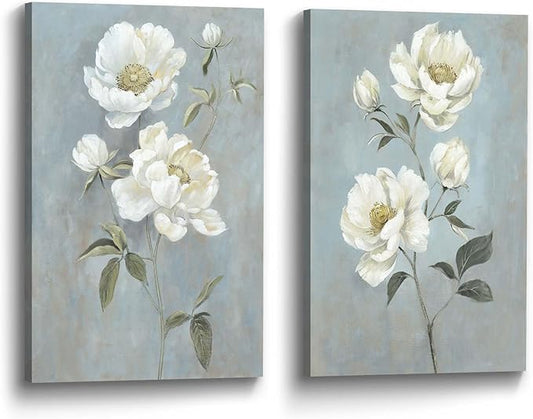 Color Play Flower Canvas Abstract Wall Art: 2 Pieces White Floral Prints Artwork Vintage Peony Bouquet Botanical Painting Picture for Bedroom Living Room Bathroom Home Office