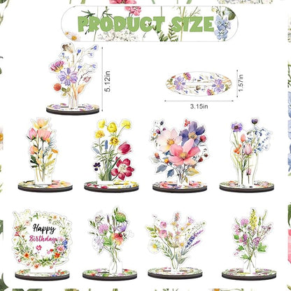 Wooden Wildflower Party Decorations - 9PCS Flower Birthday Table Sign Decor,Wildflower Party Centerpieces Table Topper,Wildflower Decor Supplies,Floral Party Wedding Decoration