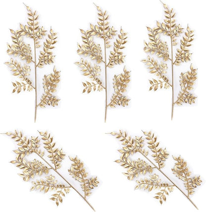 Gold Leaves Decorations for Christmas Artificial Golden Plants Fake Leaf - 17 Inch 5 Pack, Faux Foliage Simulation Flowers Grass Xmas Decor Plant Bushes Indoor Outdoor Wedding Table Centerpiece DIY