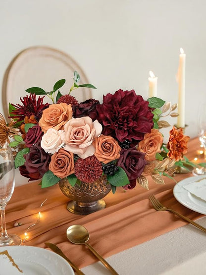 Roses Artificial Flowers Burgundy Bouquet Fake Flower with Stems for DIY Bridal Wedding Shower Decorations Party Table Centerpieces Faux Silk Floral Arrangement for Home Decor Indoor Orange
