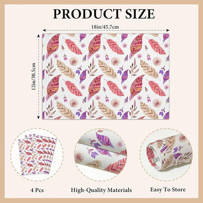 Cotton Linen Waterproof Placemats Set of 4, Feathers Leaves Dining Mat Table Mats Decor Fabric for Kitchen Dinner Coffee Shop Table, Indoor/Outdoor Washable Wipeable Placemat -N024