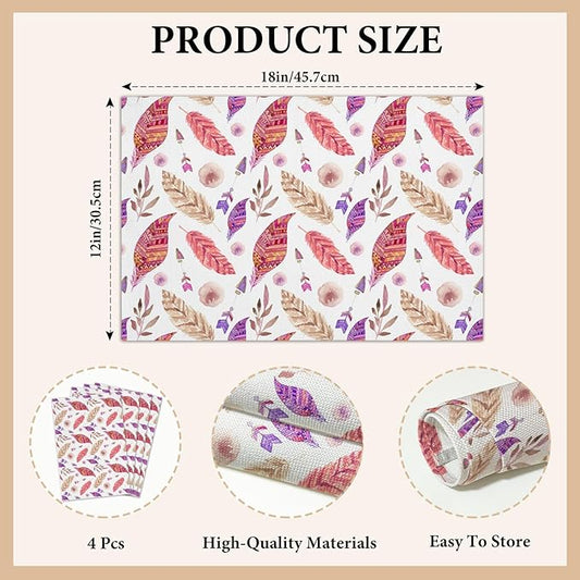 Cotton Linen Waterproof Placemats Set of 4, Feathers Leaves Dining Mat Table Mats Decor Fabric for Kitchen Dinner Coffee Shop Table, Indoor/Outdoor Washable Wipeable Placemat -N024