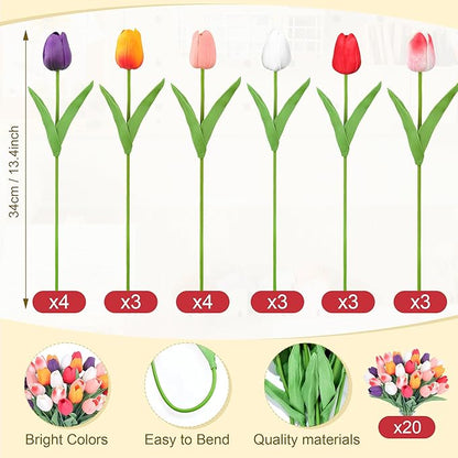 5 Color 20pcs Tulips Artificial Flowers for Real Touch Fake Tulips Slik Faux Flowers for Summer Wedding Bouquet Easter Mother's Day Home Decor (14 Inch)
