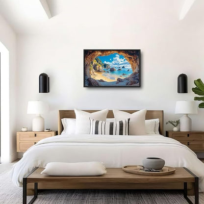 Beach Large Wall Art Rocky Cave Pictures Wall Decor Coastal Canvas Seascape Print Painting Modern Artwork Home Decoration for Living Room Bathroom Bedroom Office Framed 36"x24"