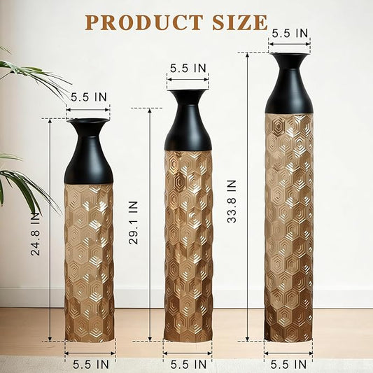 Floor Oversized Gold Metal Decorative Vase with 3D Triangle Pattern Set of 3 Large Vases for Home Living Room 33.5 ", 29.5 ", 25.2" High (Black+Gold)