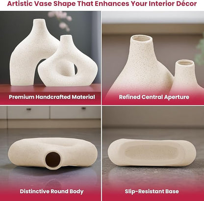 Donut Vase Set of 2, Cream Ceramic Vase for Home Decor, Minimalist Boho Vases for Pampas Grass, Modern Nordic Centerpieces for Living Room, Console Table, and Spring Decor