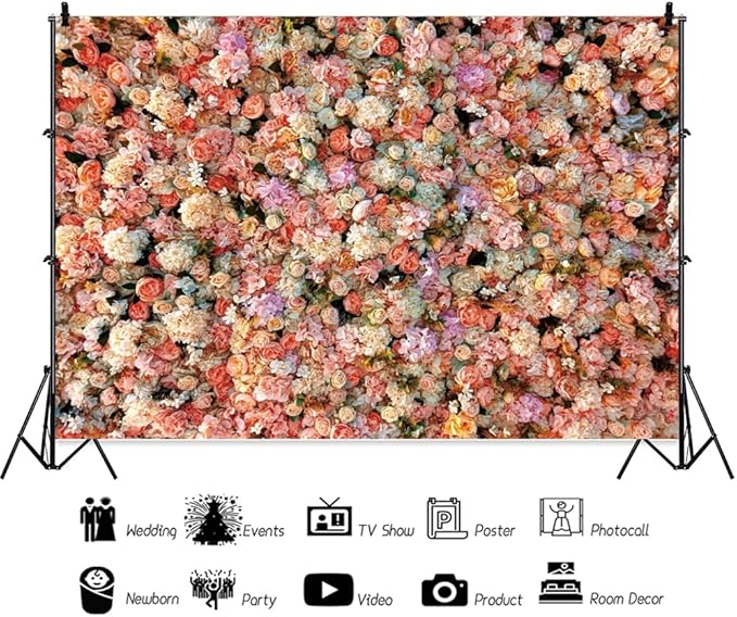 Leowefowa Floral Wall Photography Backdrop 15x8ft Colorful Rose Flower Romantic Wedding Background for Lover Spring Pink White Rose Petal Engagement Party Banner Decor Photo Supplies Prop