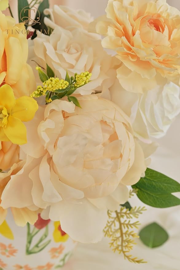 TINGE TIME Artificial Flowers Combo Mix Silk Flowers Yellow Roses w/stem for DIY Wedding Bridal Bouquets Baby Shower Floral Arrangement Table Centerpieces Home Decorations (Yellow & Champange)