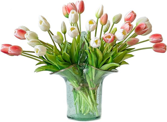 40pcs Artificial Tulips Flowers, Real Touch Latex Bouquet, Fake Tulips for Office Wedding Party Home Kitchen Garden Decoration-B Coral Pink Suit