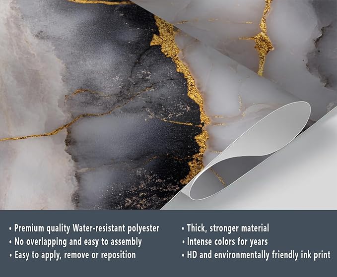 Golden Veins Marble Wall Mural, Black and White Marble 3D Wall Murals, Luxury Stone Wallpaper Mural, for Living Room Bedroom Large Wallpaper Indoor Decor 177.16" W x120 H