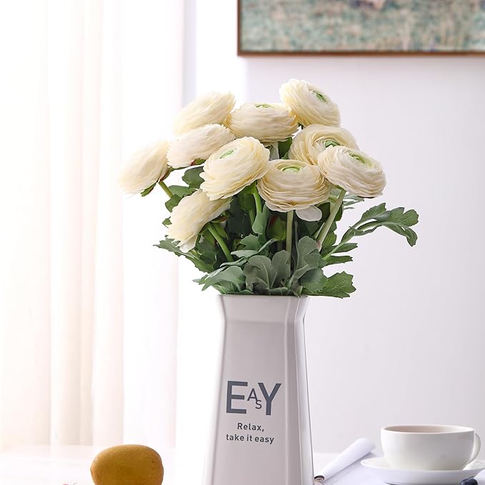 Artificial Ranunculus Flowers with Real Touch Stem, Silk Ranunculus Flowers(10 Pack) (White)