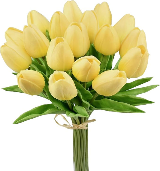 Mandy's Artificial Tulips 20 Stems Light Yellow PU Faux Flowers for Thanksgiving and Christmas Decorations Wedding Home Decor 13.5 Inch