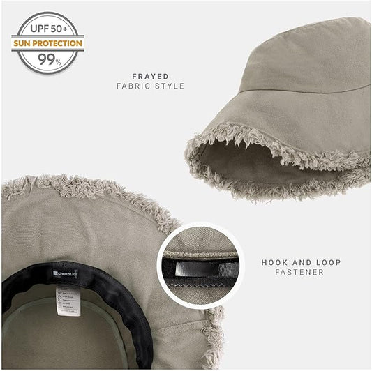 CHOK.LIDS Frayed Bucket Hats for Women Men Unisex Trendy Washed Cotton Floppy Wide Brim Boonie Outdoor Summer Beach Headwear
