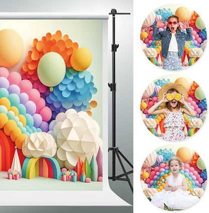 YongFoto Paper Flowers Backdrop 8x6.5ft Colorful Cut Paper Floral Blossom Rainbow Arch Hot Air Balloon Honeycomb Ball Photography Background Lovely Party Banner Home Decor Photo Studio Booth Props
