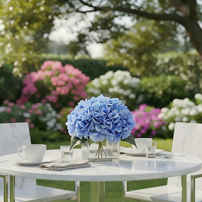 Silk Blue Artificial Hydrangea in Vase with Faux Water, Silk Flower Arrangements in Vase for Home Decor, Wedding Table (Blue)