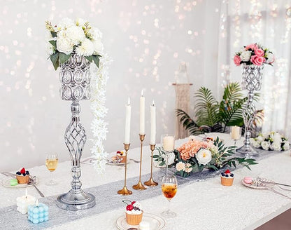 Set of 10 Metal Diamond Crystal Wedding Centerpiece Vases for Tables, 24in Silver Versatile Tall Flower Holders Centerpiece Flower Stands for Wedding Party Reception Home Décor
