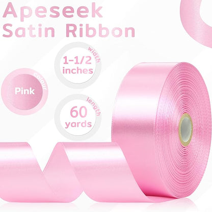 60 Yards Pink Satin Ribbon 1-1/2 Inch, Solid Baby Pink Polyester Fabric Ribbon for Gift Wrapping, Crafts, Flower Bouquet, Wedding, Baby Shower, Easter, Christmas, Mother's Day