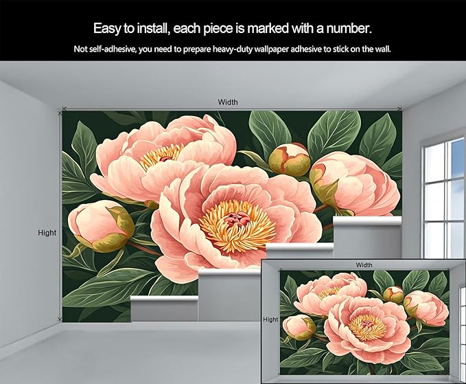 KIREUPA Peony Flower Wall Mural, Retro Pink Peony Flower 3d Wall Murals, Romantic Garden Theme Wallpaper Mural, for Living Room Bedroom Large Wallpaper Indoor Decor 59" W x39.4 H