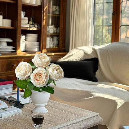 YalzoneMet 3.5'' Big Bloom Champagne Rose Artificial Flowers 4Pcs Real Touch Rose Faux 17.7Inch Long Stem Austen Roses Peonies Fake Flowers for Boho Home Kitchen Party Spring Flower Wedding Decor