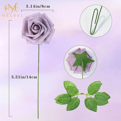 Meldel Artificial Flowers 50pcs Real Looking Purple Lilac Foam Fake Roses with Stems for DIY Wedding Bouquets Bridal Shower Centerpieces Floral Arrangements Home Decorations